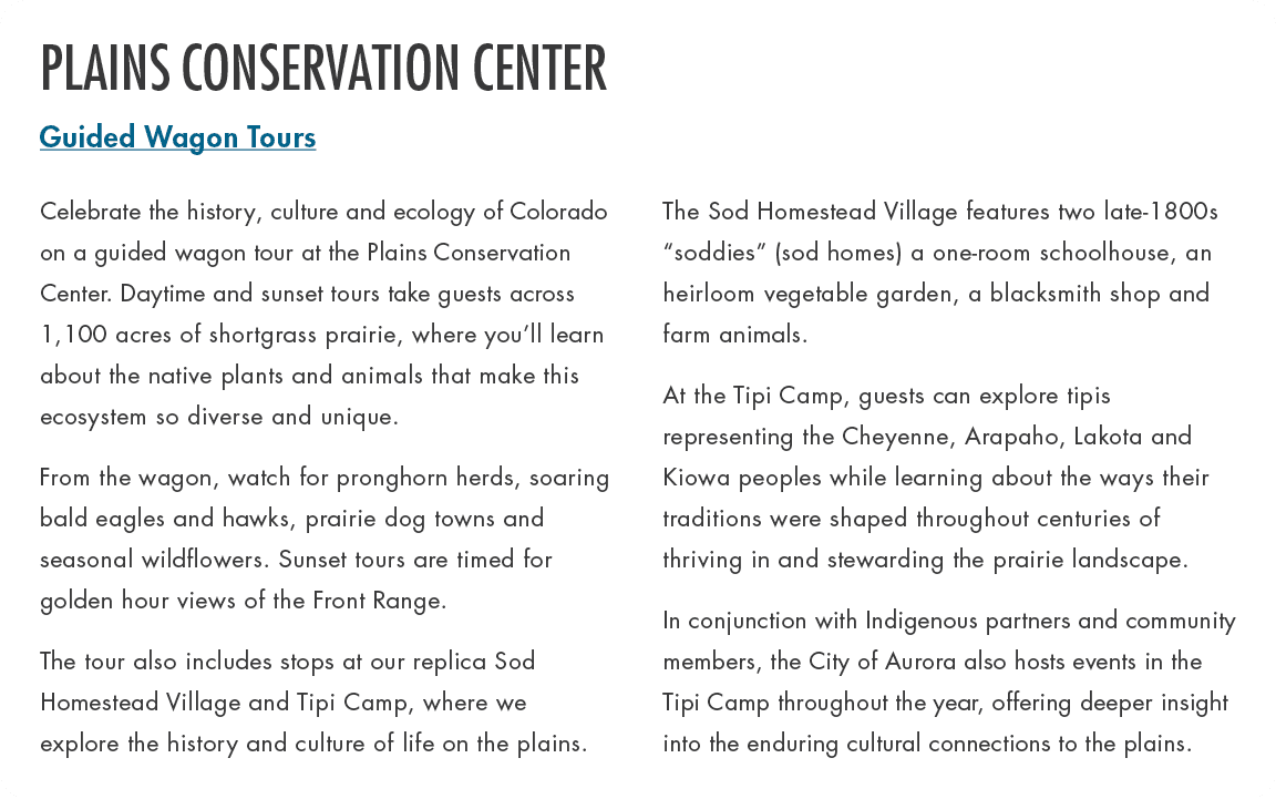 Plains Conservation Center Guided Wagon Tours Celebrate the history, culture and ecology of Colorado on a guided wago...
