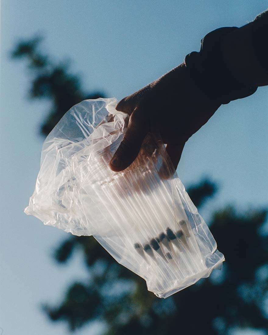 hand holding a scent trap made of cup with plastic over it