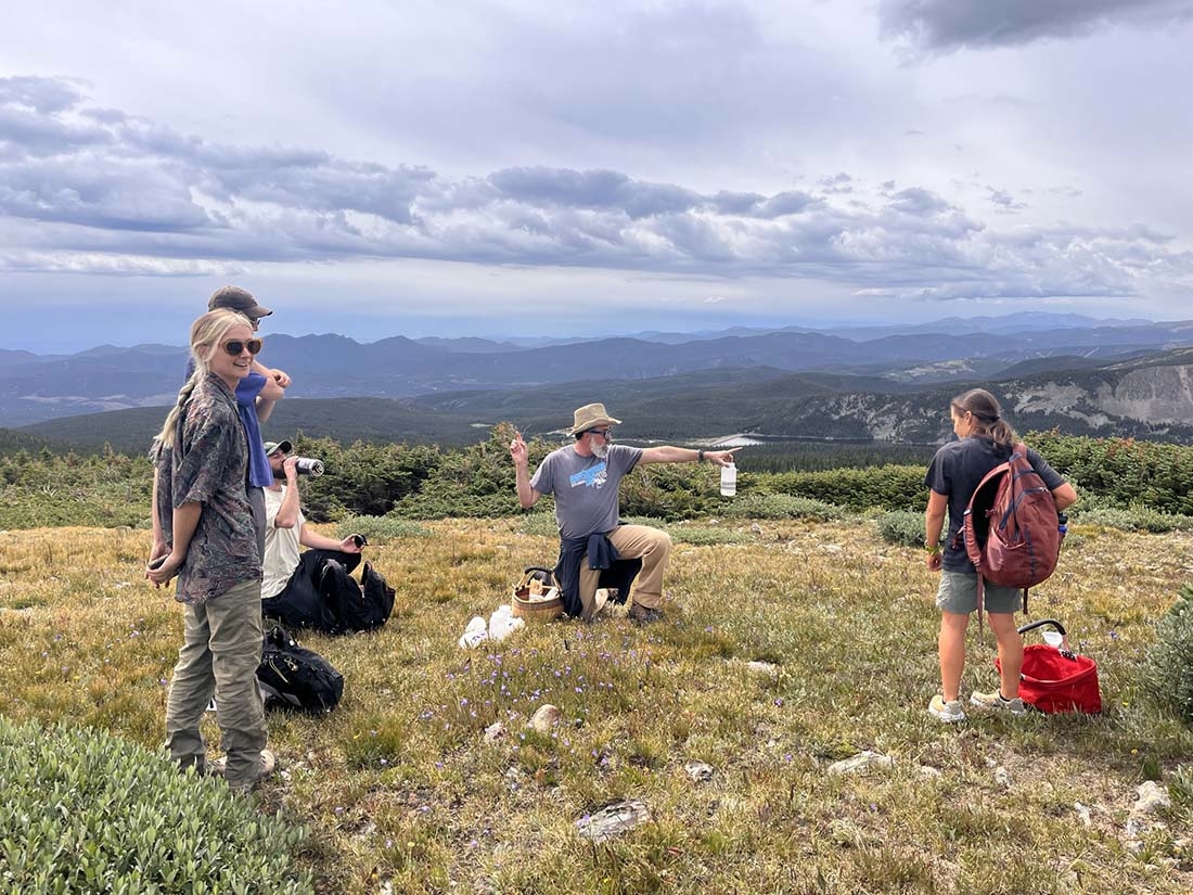 Group of people doing field work on mountain with man kneeling and pointing