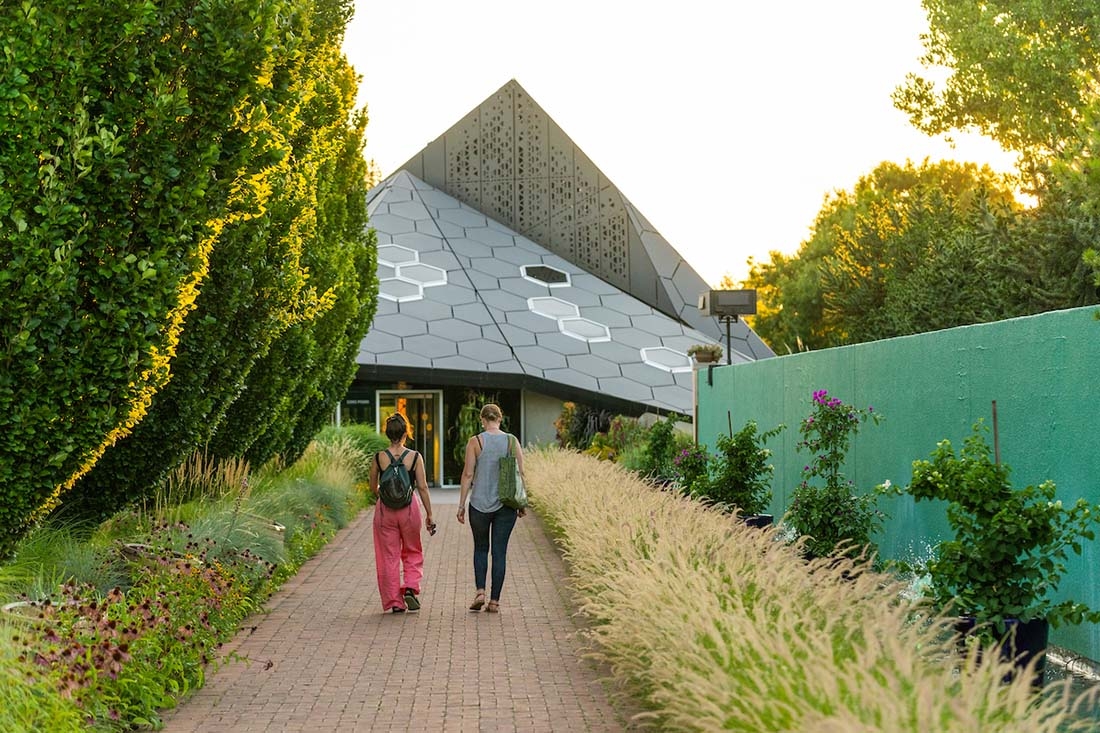 two women walking a garden path