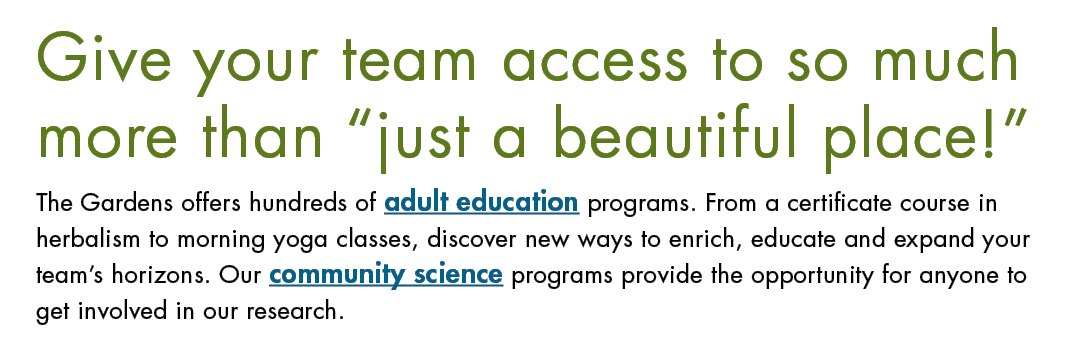 Give your team access to so much more than “just a beautiful place!” The Gardens offers hundreds of adult education p...