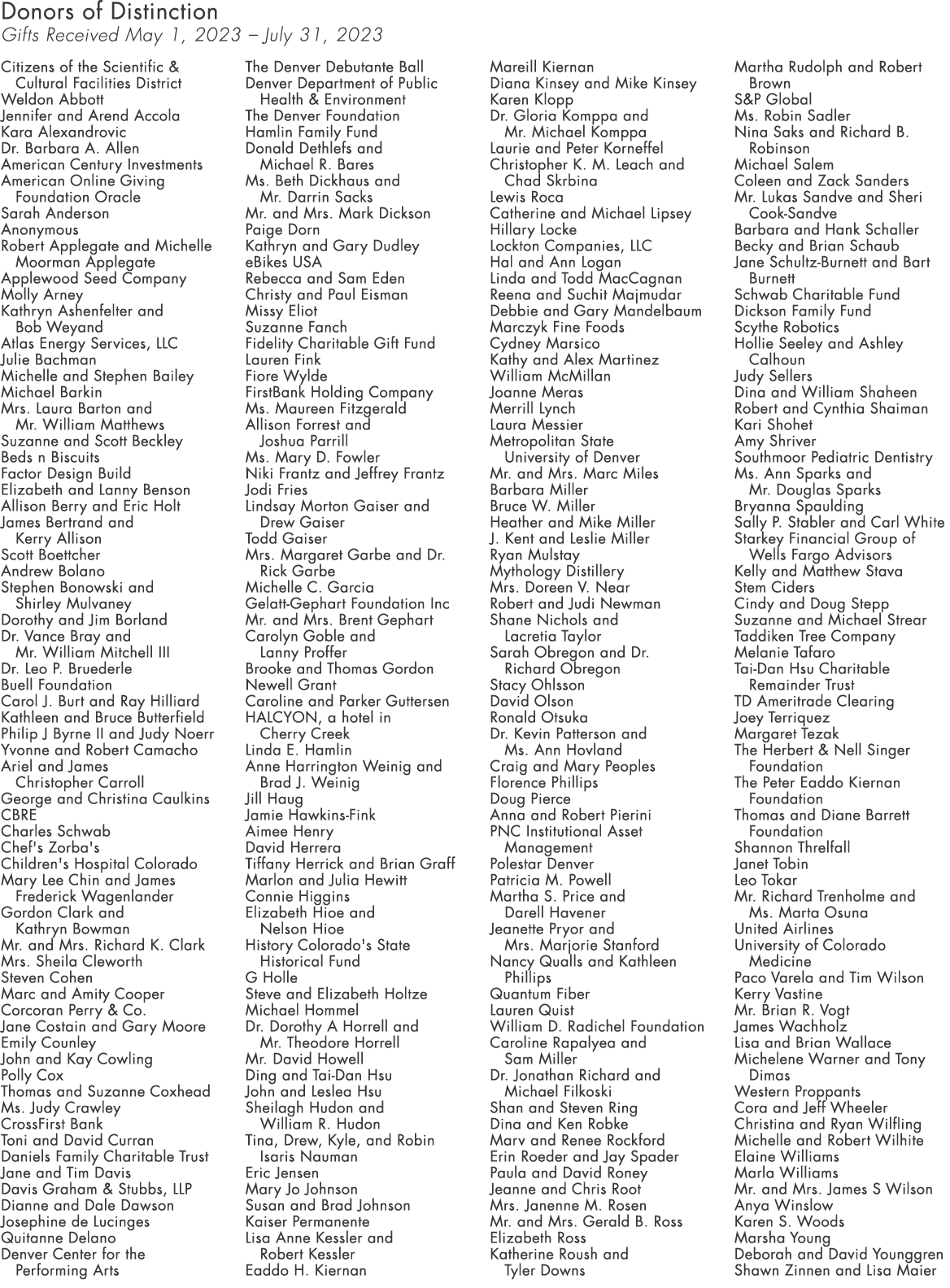 Donors of Distinction Gifts Received May 1, 2023 – July 31, 2023 Citizens of the Scientific & Cultural Facilities Dis...