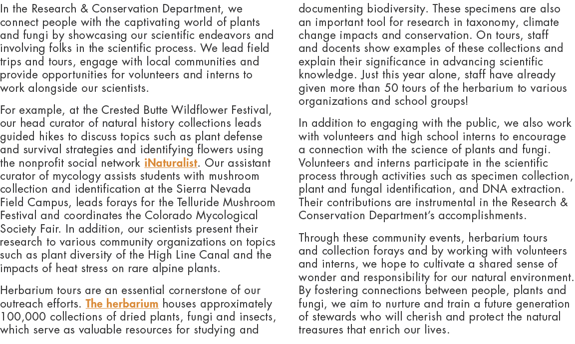In the Research & Conservation Department, we connect people with the captivating world of plants and fungi by showca...