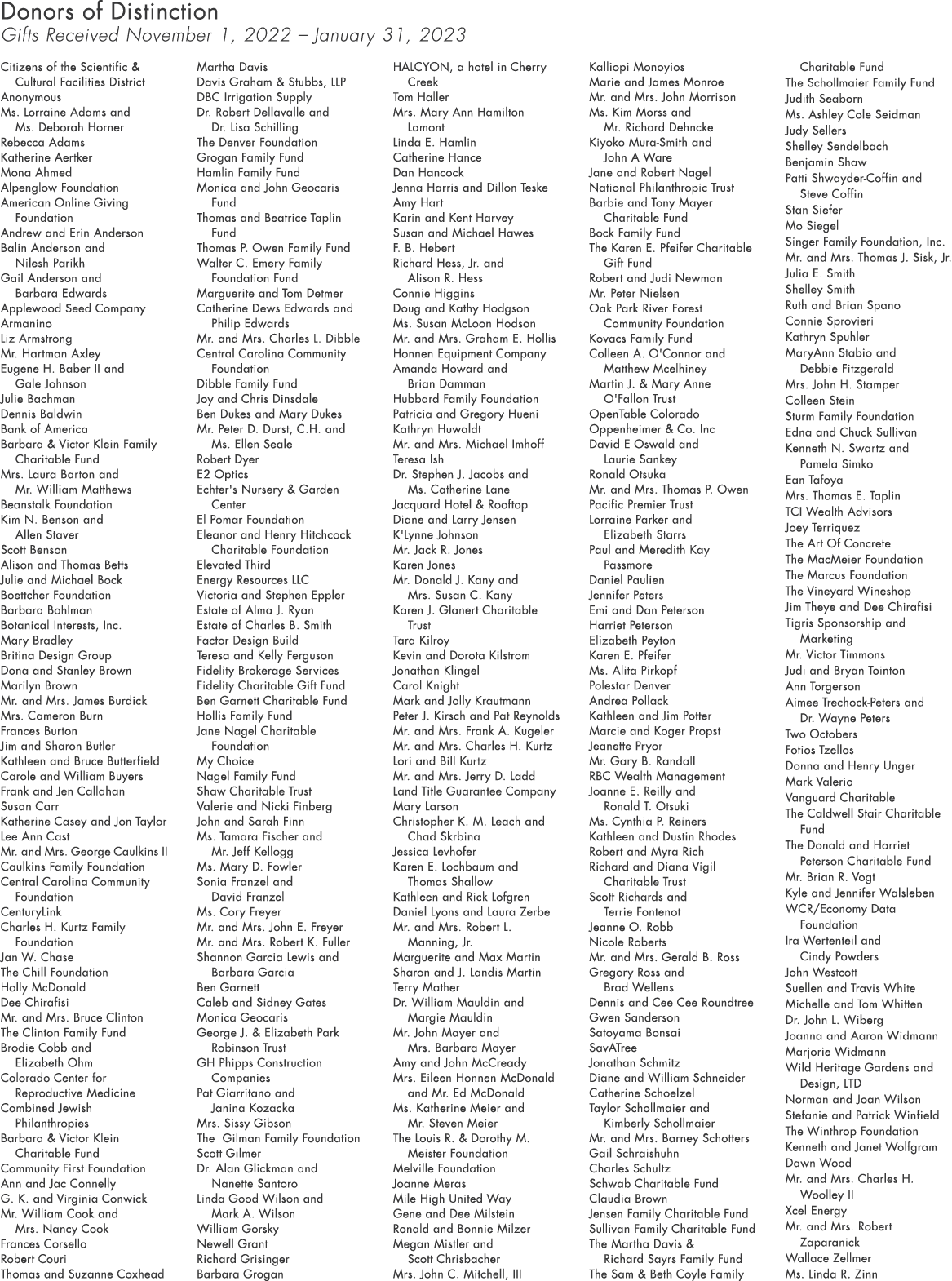 Donors of Distinction Gifts Received November 1, 2022 – January 31, 2023 Citizens of the Scientific & Cultural Facili...