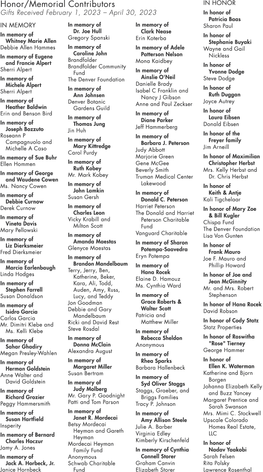 Honor/Memorial Contributors Gifts Received February 1, 2023 – April 30, 2023 In Memory In memory of Whitney Marie All...