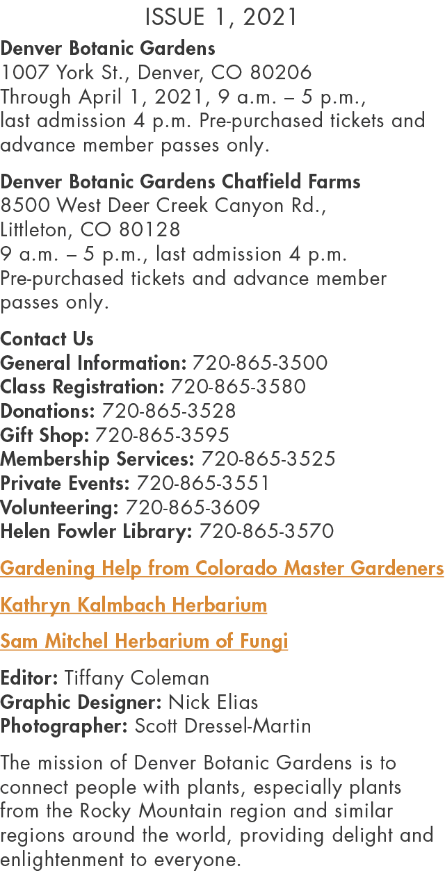 Issue 1, 2021 Denver Botanic Gardens 1007 York St , Denver, CO 80206 Through April 1, 2021, 9 a m    5 p m , last adm   