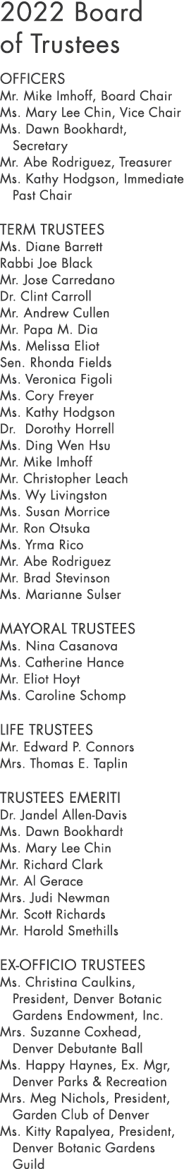 2022 Board of Trustees Officers Mr  Mike Imhoff, Board Chair Ms  Mary Lee Chin, Vice Chair Ms  Dawn Bookhardt, Secret   