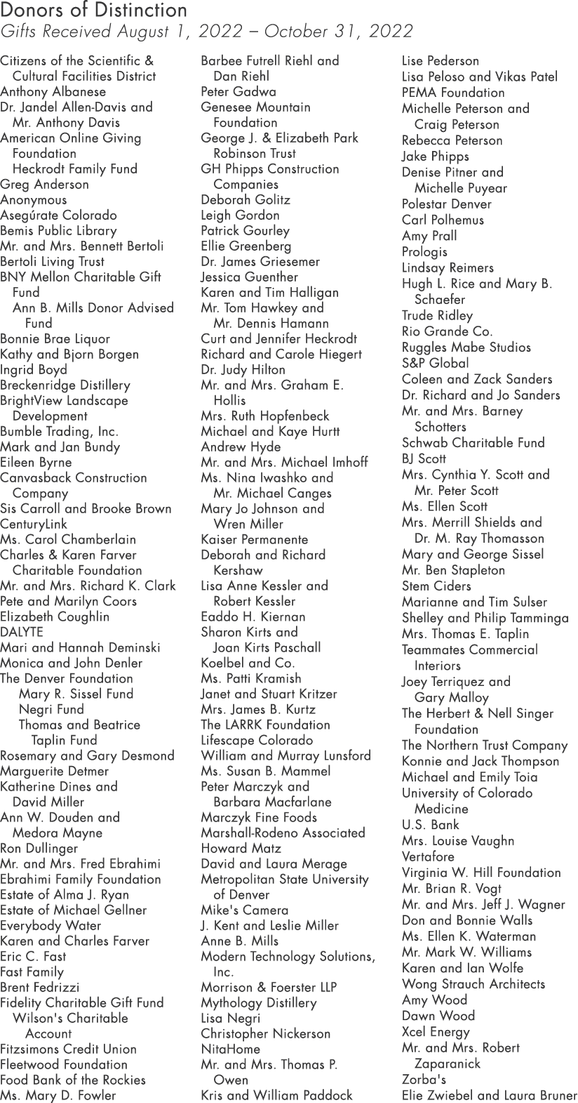 Donors of Distinction Gifts Received August 1, 2022 – October 31, 2022 Citizens of the Scientific & Cultural Faciliti...