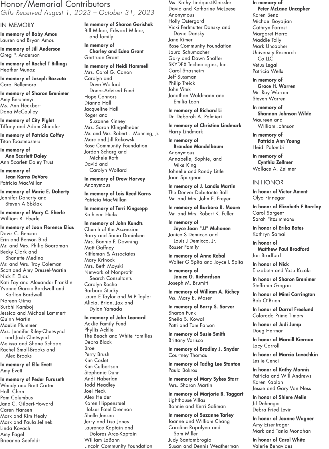 Honor/Memorial Contributors Gifts Received August 1, 2023 – October 31, 2023 In Memory In memory of Baby Amos Lauren ...