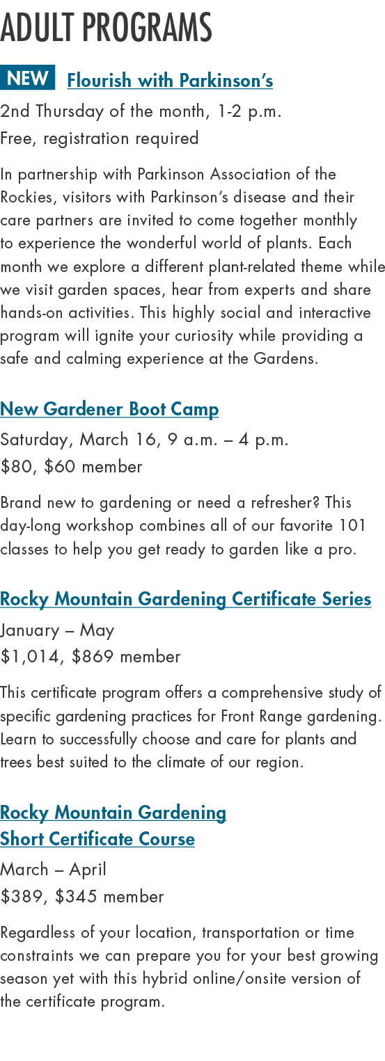 Adult Programs ￼ Flourish with Parkinson’s 2nd Thursday of the month, 1 2 p.m. Free, registration required In partner...