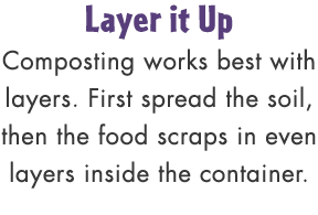 Layer it Up Composting works best with layers. First spread the soil, then the food scraps in even layers inside the ...