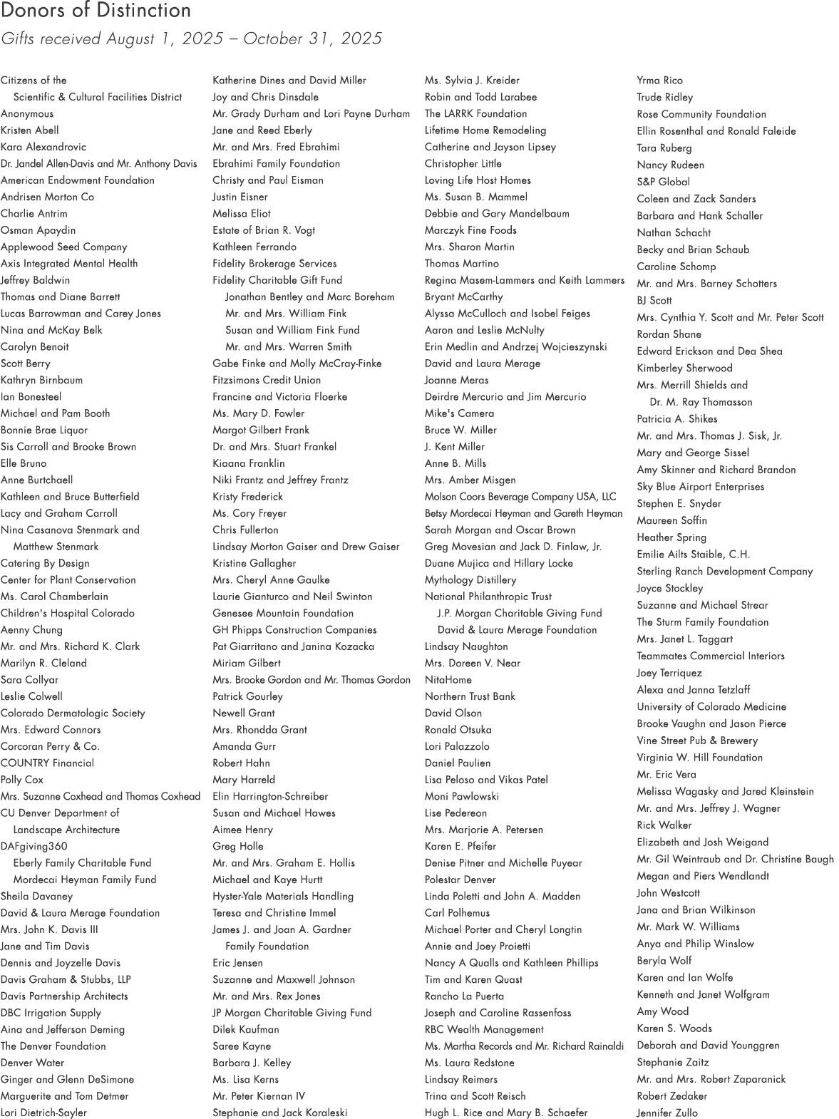 Donors of Distinction Gifts received August 1, 2025 – October 31, 2025 Citizens of the Scientific & Cultural Faciliti...