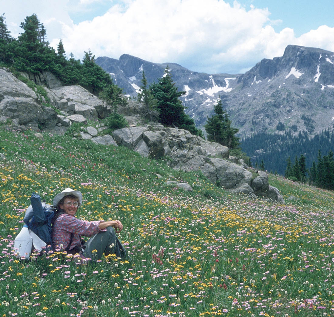 Loraine relaxing on wildflower slope in the mountains