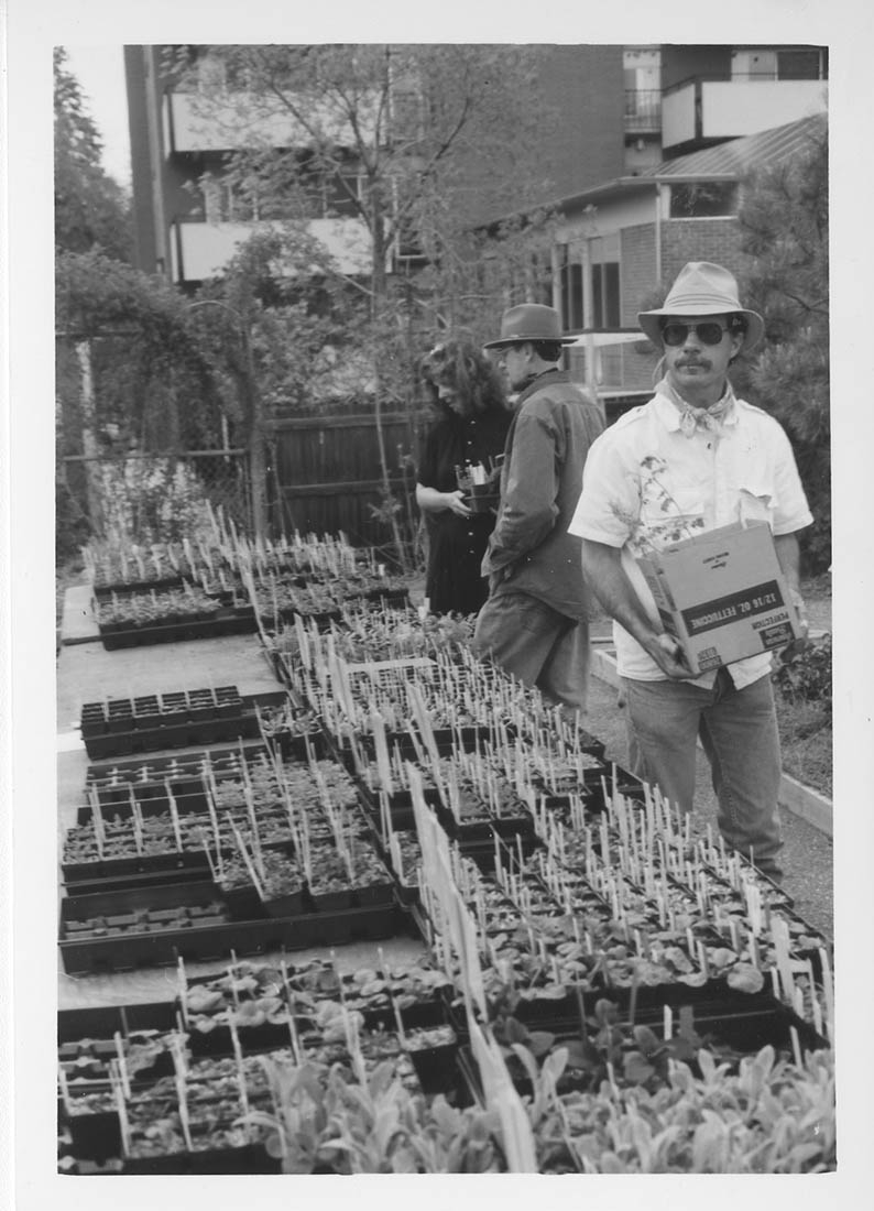 black and white photo man in hat by plant flats
