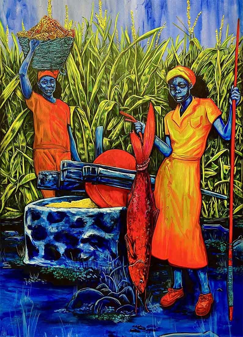 Person in yellow dress holding a large fish and a long stick. Person in the background wearing an orange dress and is balancing a basket of corn on their head.