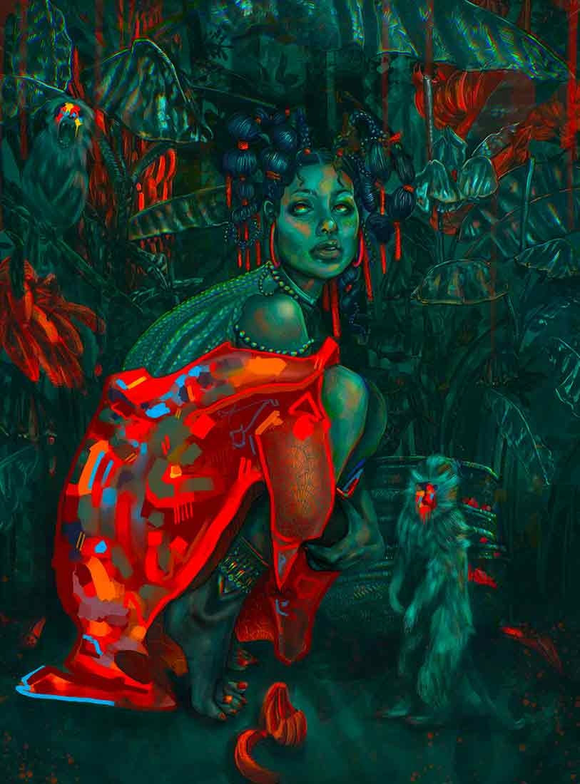 Person with a green tint to their skin is crouching and wearing a colorful shawl.