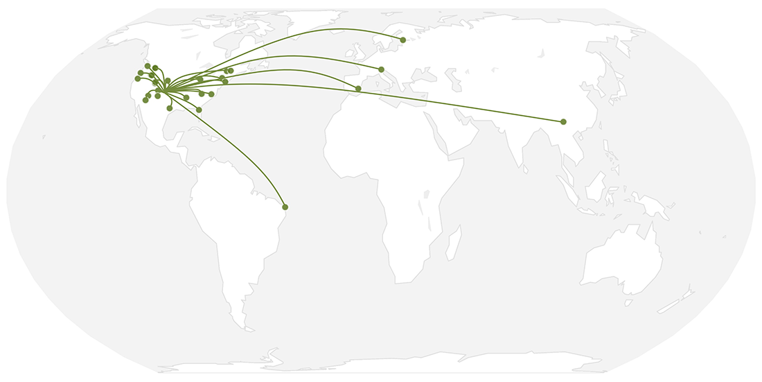 Simple world map with green points indicating specimen shares