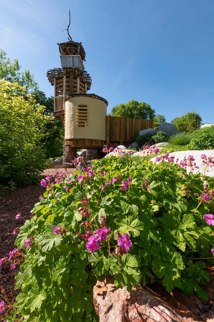 A children's play area with herbs in foreground