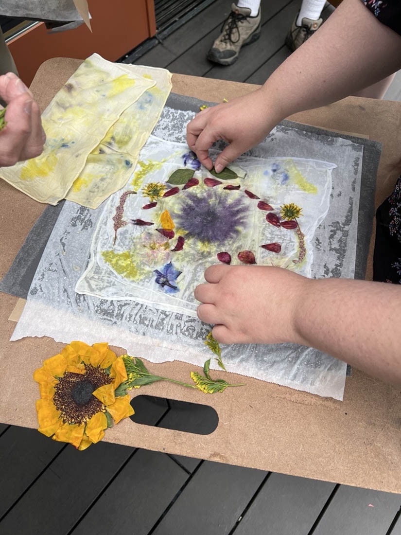Hands lay wildflowers on paper to create art