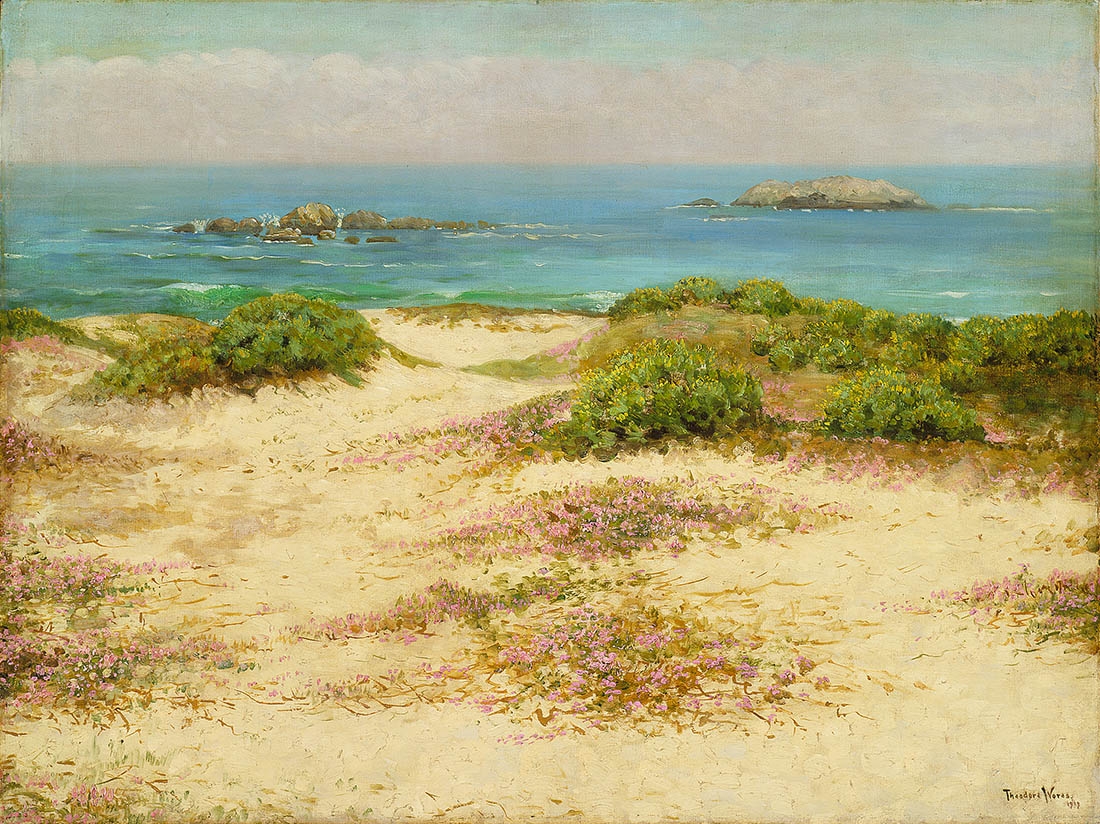 painting depicting beach with tufts of grass and the sea