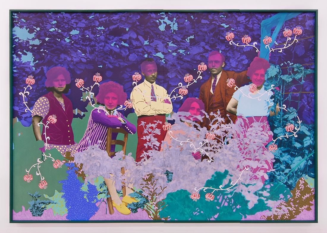 Daisy Patton, "Untitled (Family in the Garden)," oil paint on archival pigment print, 2023. Photo from Varna, Bulgaria.