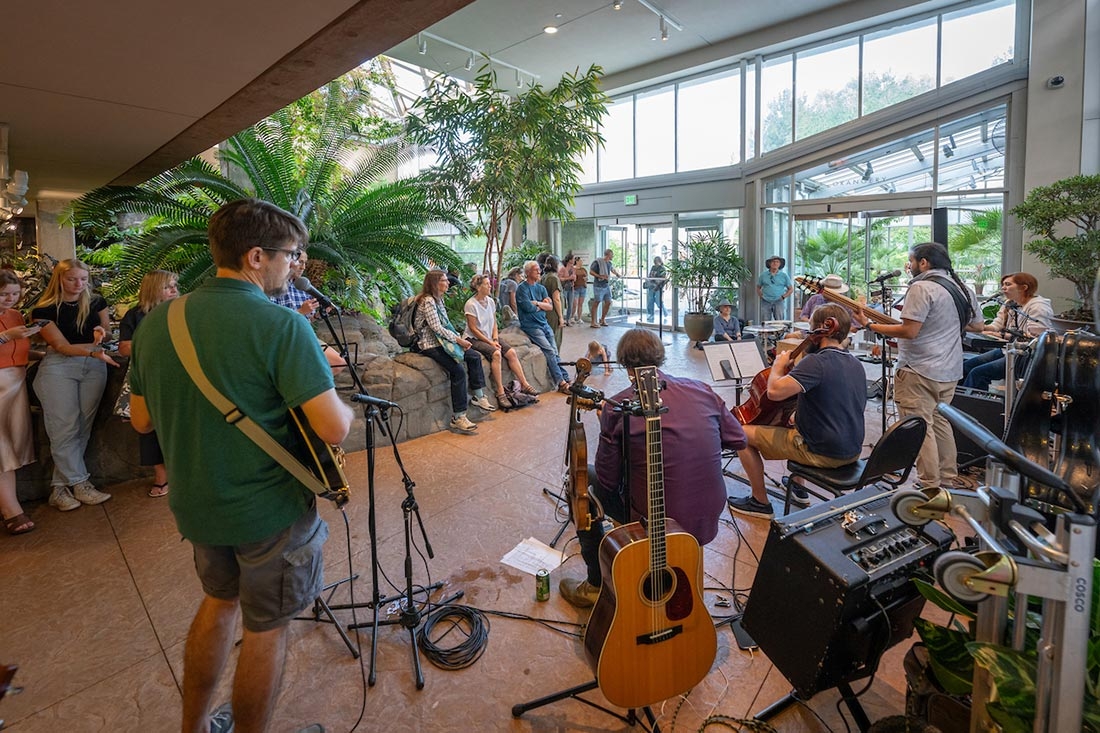 Crowd listening to an acoustic band playing in Marnie's Pavilion.