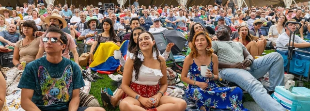 People sitting on the grass looking up at the stage at the Summer Concert Series