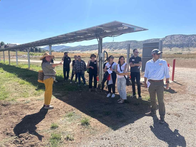 People standing under a solar array