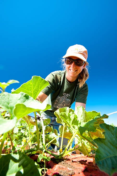 woman in ball cap and sunglasses kneeling in gourd vines