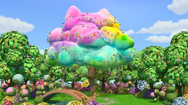 Illustration of a colorful and cartoonish tree shaped like cat ears