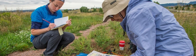 Two people doing research outside