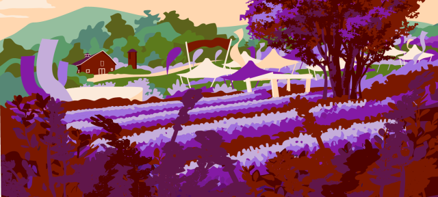 An illustration of fields of dark and light purple lavender in the foreground, with a tree, barn and mountains in the background.