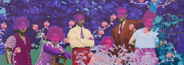 Daisy Patton, "Untitled (Family in the Garden)," oil paint on archival pigment print, 2023. Photo from Varna, Bulgaria.