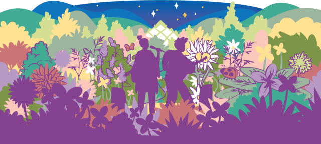 Colorful illustration of two people in a garden, one singing and one playing a guitar